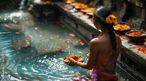 An ancient cleansing ritual at the sacred Tirta Empul spring in Ubud, Bali, Indonesia.