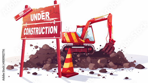 A large red and yelloy construction vehicle digging into dirt. Next to it stands a red wooden sign "Under Construction". Traffic cone placed in front of the digger. Isolated on white background. 16:9