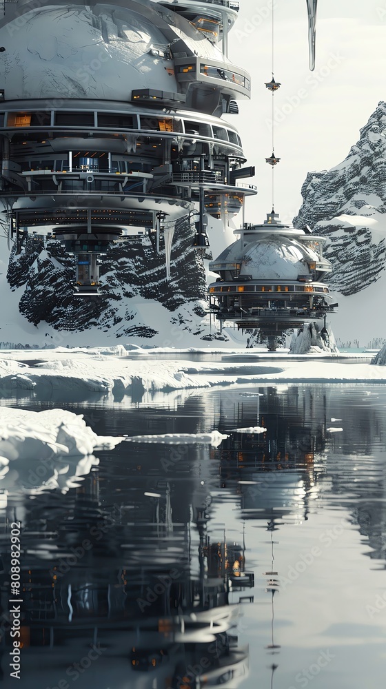 Melting polar ice caps with floating scifi research stations harnessing energy