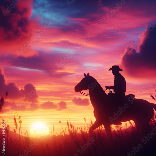 Lonely cowboy silhouette riding into the sunset under a vibrant sky Far West Landscape