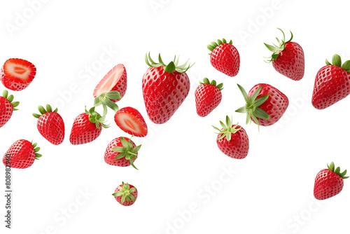 Flying or falling strawberries on transparent, PNG or white background. Fresh strawberry fruit. For food packages.