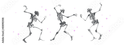 Retro Surreal Dancing Skeletons with a photocopy effect in a futurism style. Dotted elements with halftone stipple effect for poster art or t-shirt. Contemporary vector illustration.