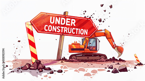 An orange construction vehicle is digging behind a red sign with white letters that says "Under Construction", isolated on white background, 16:9