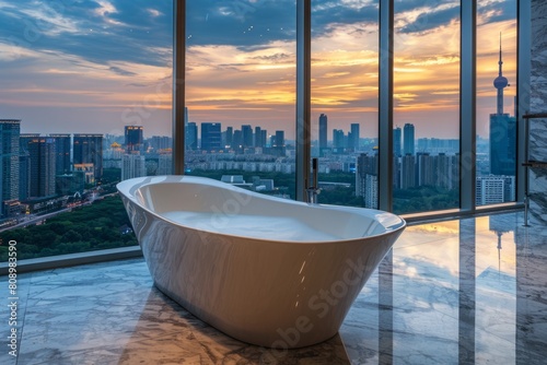 Against the backdrop of floor-to-ceiling windows  the bathtub offered panoramic views of the city skyline  adding an extra touch of luxury to the modern bathroom