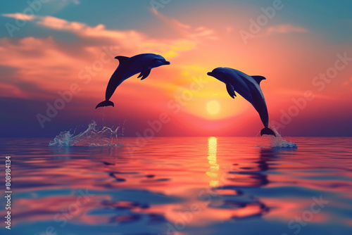 love and travel concept  couple of dolphins jumping above the sea in beautiful sunset light