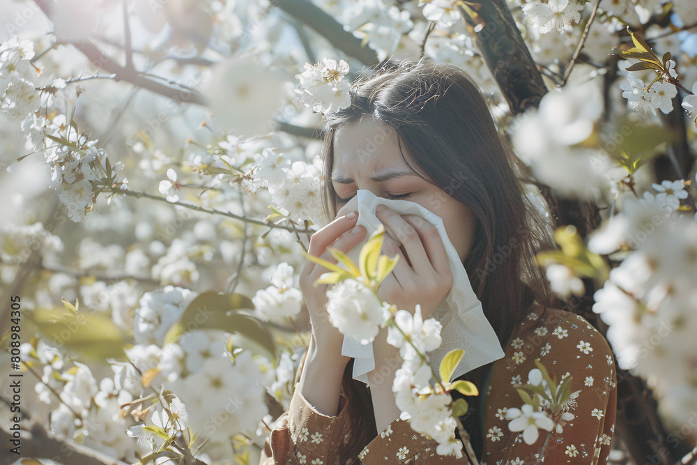 woman with handkerchief suffering from allergy in spring garden woman with handkerchief suffering from allergy in spring garden