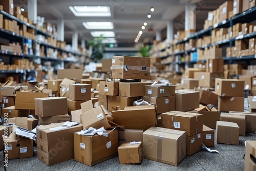 An overwhelming scene of cardboard boxes chaotically piled and scattered in a warehouse photo