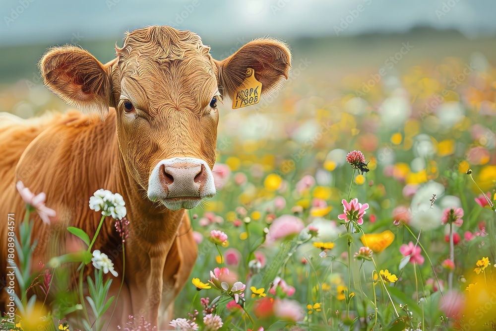 cow in the meadow full of wild flowers dynamic angle, 