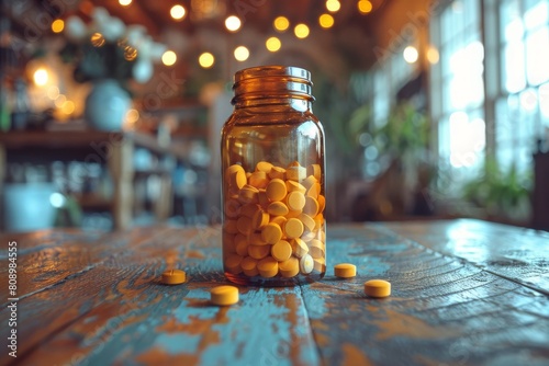 A bottle of yellow pills carelessly tipped over, symbolizing health or addiction issues, on a vibrant blue background photo
