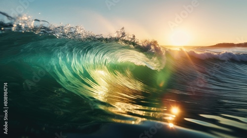 turquoise surfing ocean wave with sunset view