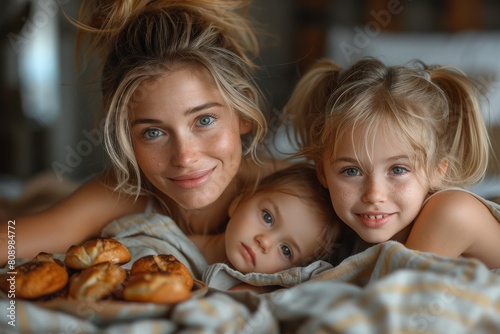 A loving mother and her children enjoy a homemade breakfast in bed  displaying domestic joy