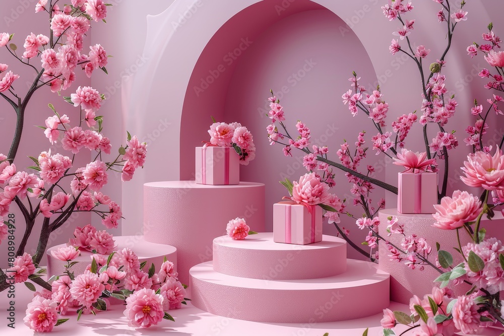 An image featuring a stylish arrangement of pink blooms around circular stands, perfect for showcasing beauty products An image featuring a stylish arrangement of pink blooms around circular stands, perfect for showcasing beauty products