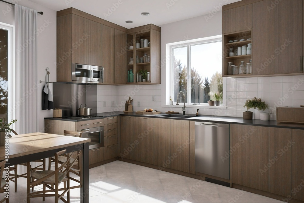 Fototapeta premium Modern Kitchen Interior Design, Chairs Dining Table Kitchenware, architecture