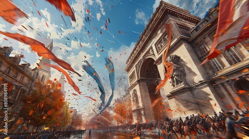 Capture the French Revolution in vibrant brushstrokes from an unexpected eye-level perspective, invoking the spirit of Impressionism in a daring, revolutionary style photo