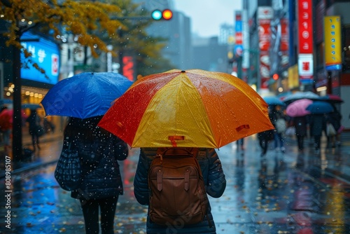 This striking image captures the dreariness of rainy urban life seen from behind a person beneath a bicolored umbrella