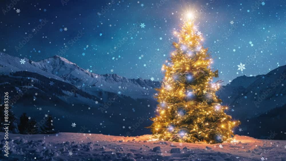 Decorated Christmas Tree in the Winter Wonderland, Xmas in the Snow, Frozen Landscape with Mountains in the background Decorated Christmas Tree in the Winter Wonderland, Xmas in the Snow, Frozen Landscape with Mountains in the background
