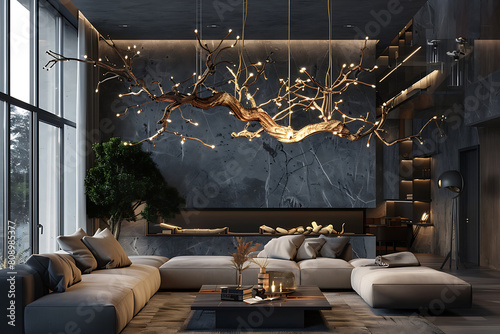Unique and captivating designer chandeliers illuminate a modern interior, adding elegance and sophistication to the space photo