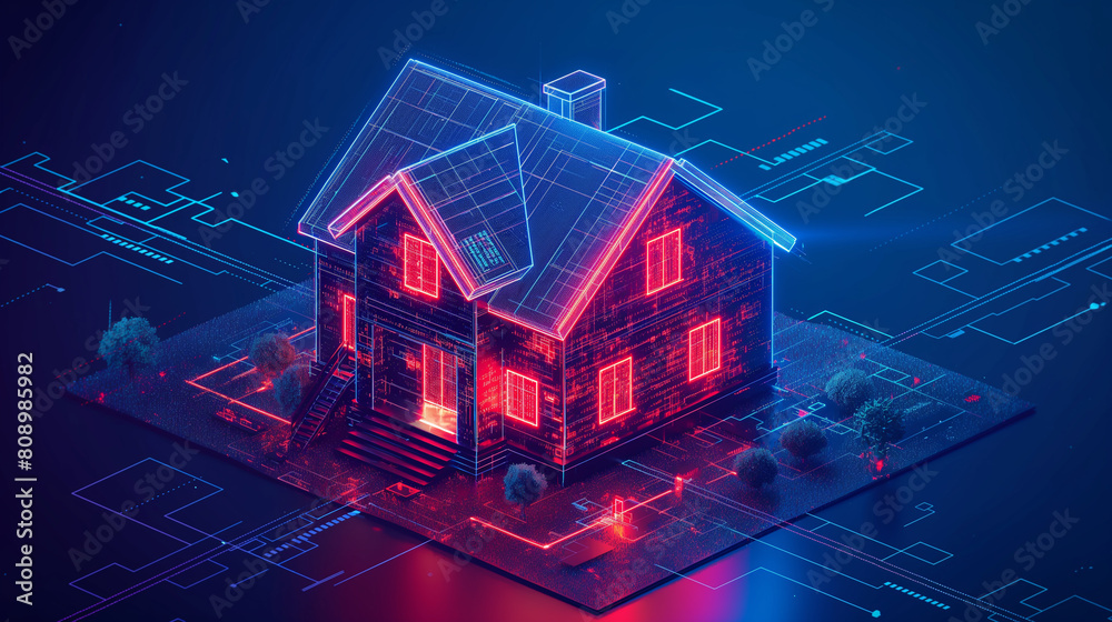 A house is shown in a futuristic style with a red and blue color scheme A house is shown in a futuristic style with a red and blue color scheme