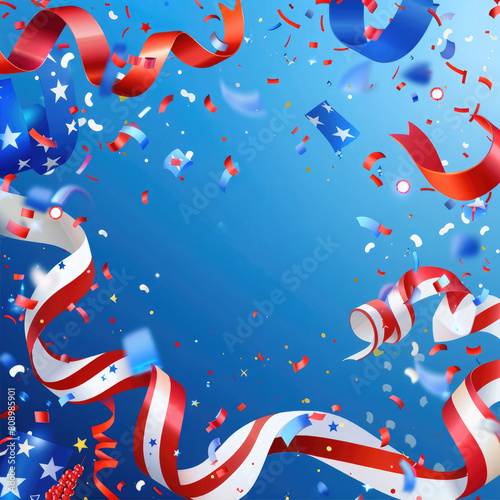 Close-Up of Balloons and Streamers on a Blue Background with American Flag Accents Vibrant Fourth of July Celebration 