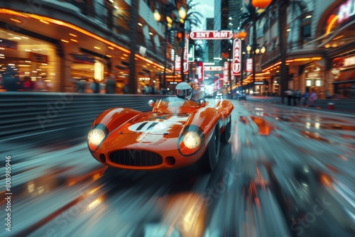 A dynamic depiction of a vintage race car speeding past urban neon lights and signs