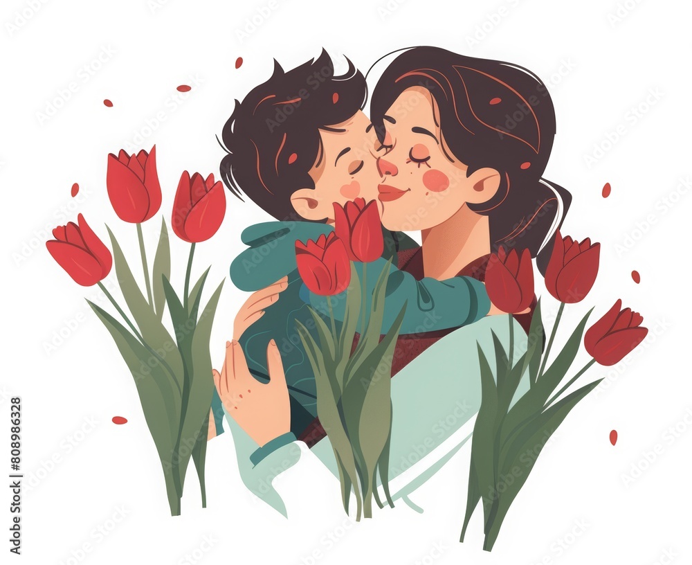 A mother kissing her child, holding flowers and surrounded by tulips isolated on a white background, in a cartoon style. Clip art set for Mother's Day cards. A mother kissing her child, holding flowers and surrounded by tulips isolated on a white background, in a cartoon style. Clip art set for Mother's Day cards.