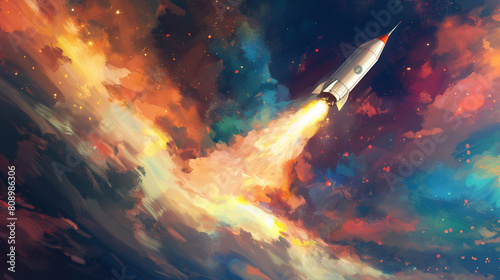 A colorful painting of a rocket flying through space photo