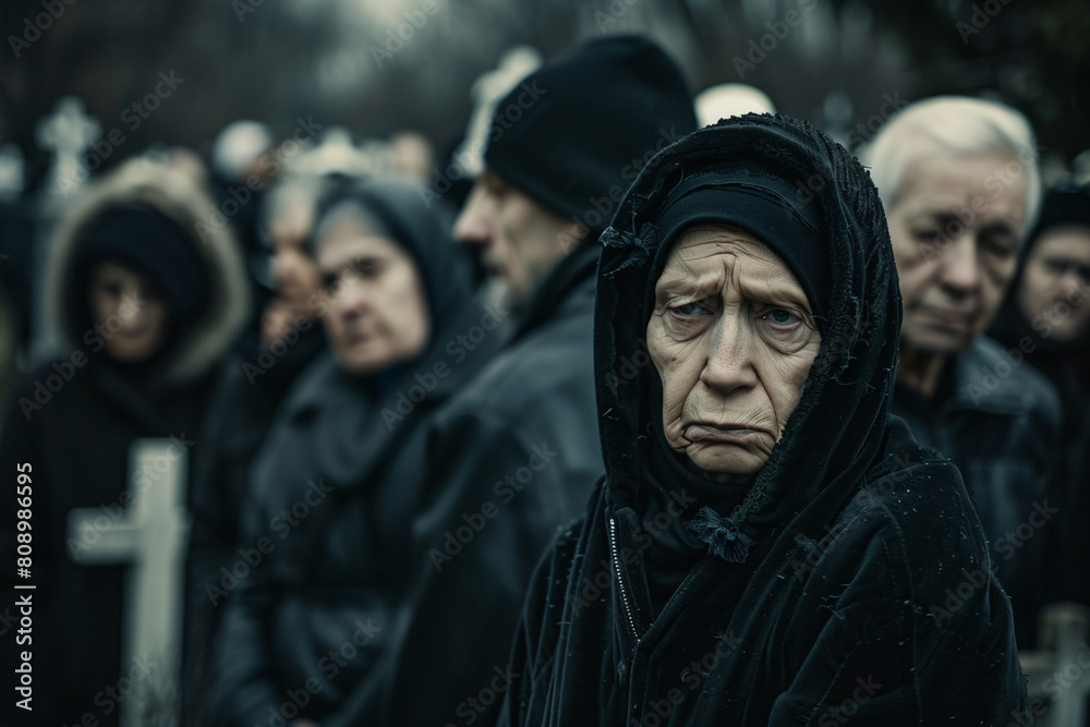 Old woman in black clothes at the cemetery