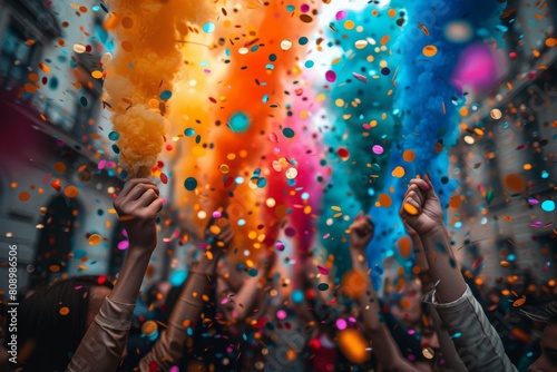 An exhilarating moment with uplifted hands amongst flying colorful confetti, symbolizing community joy during a celebration photo