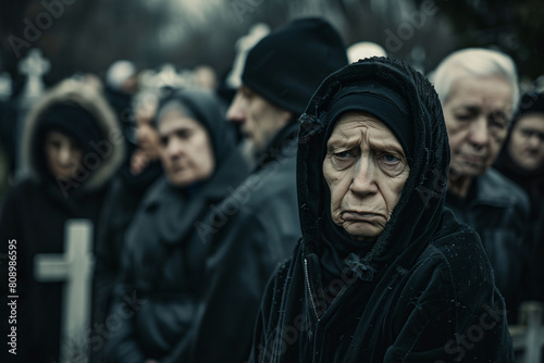 Old woman in black clothes at the cemetery