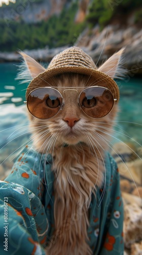 Playful Cat in Sunglasses Enjoying Summer at the Beach - 4K Wallpaper，Happy smiling kitten wearing sunglasses and summer clothes taking selfie comfortably and freely on the beach by the sea, pet, summ