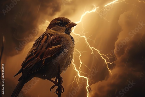 sparrow flying in the dramatic stormy sky with lightning in the background, dynamic angle photo