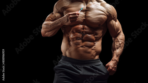 bodybuilder with a syringe containing anabolic steroids or testosterone - concept of danger of steroid use