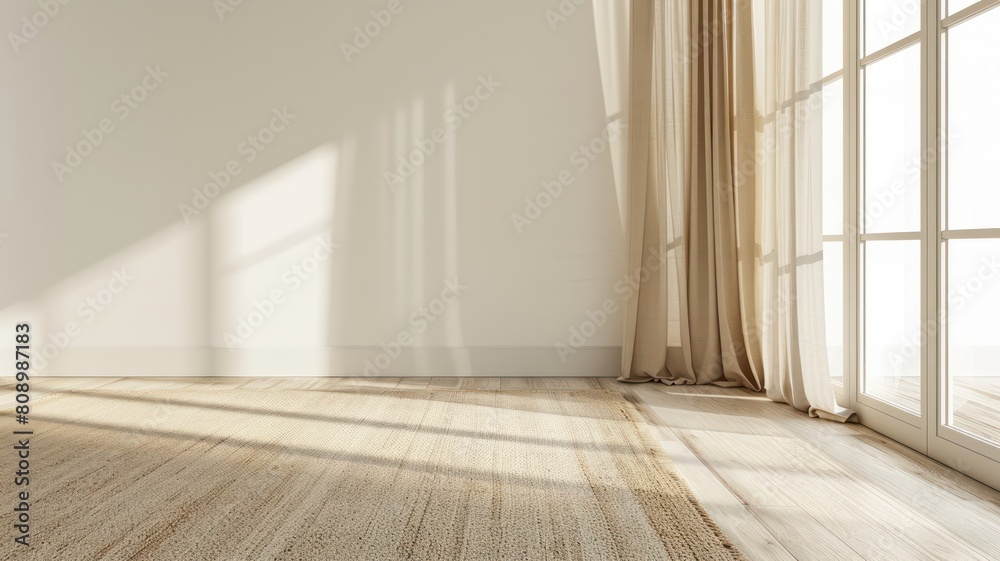 Empty large room with a white wall and canvas curtains and a rug, Interior design perspective texture background.
Empty large room with a white wall and canvas curtains and a rug, Interior design perspective texture background.