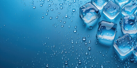ice cube cold crystal background banner with copy space on blue wet surface top view. empty product display dais table top mockup for frozen food cool beverage drink presentation
