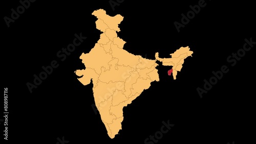 Tripura map animated video. Tripura location in India highlighted colour with transparent background in video format. Map animation video. photo