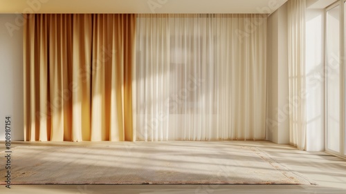 Empty large room with a white wall and canvas curtains and a rug  Interior design perspective texture background.  