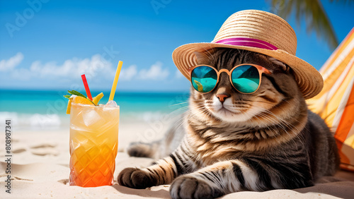 Cute cat wearing sunglasses lying on the beach and enjoying vacation © 유다 마