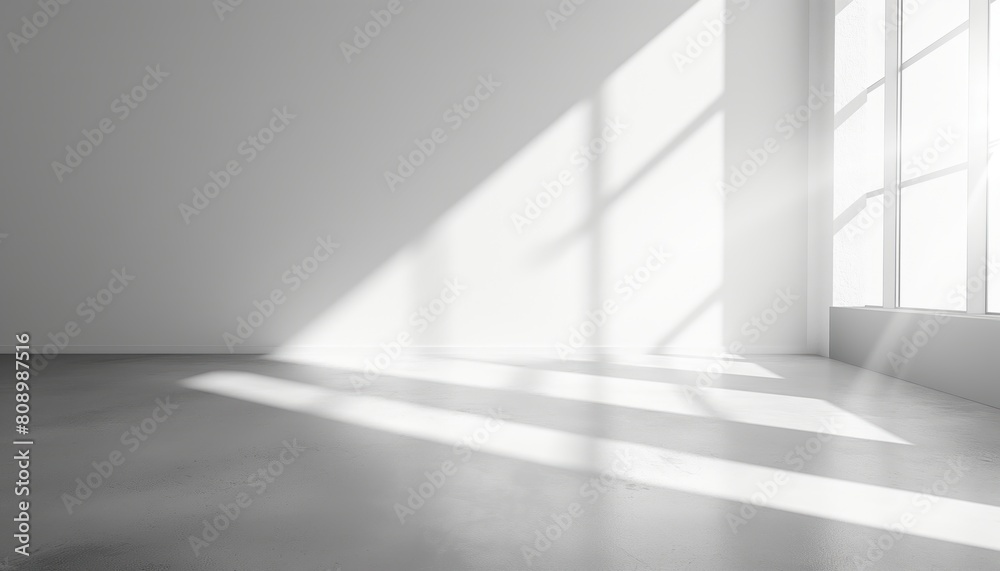 Empty white wall and smooth floor with interesting light glare Background. Interior design perspective texture background.	
