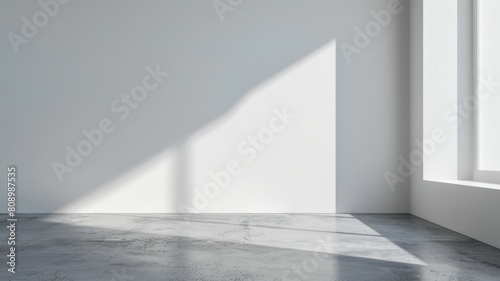 Empty white wall and smooth floor with interesting light glare Background. Interior design perspective texture background.  