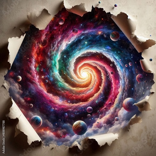 This is a vibrant image of a galaxy featuring an array of colorful swirls and planets of different sizes. The cosmic scene, seen through a jagged hole ripped in a beige paper surface, showcases h... photo