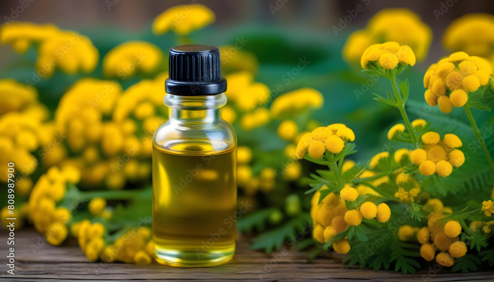 A glass bottle of tansy essential oil with yellow tansy flowers with green leaves in the background