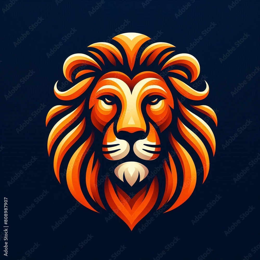 An illustration showcasing a stylized lion's head with its mane flowing artistically. The vibrant hues of orange and red finely detailing the lion, stands out enchantingly against a stark dark bl...