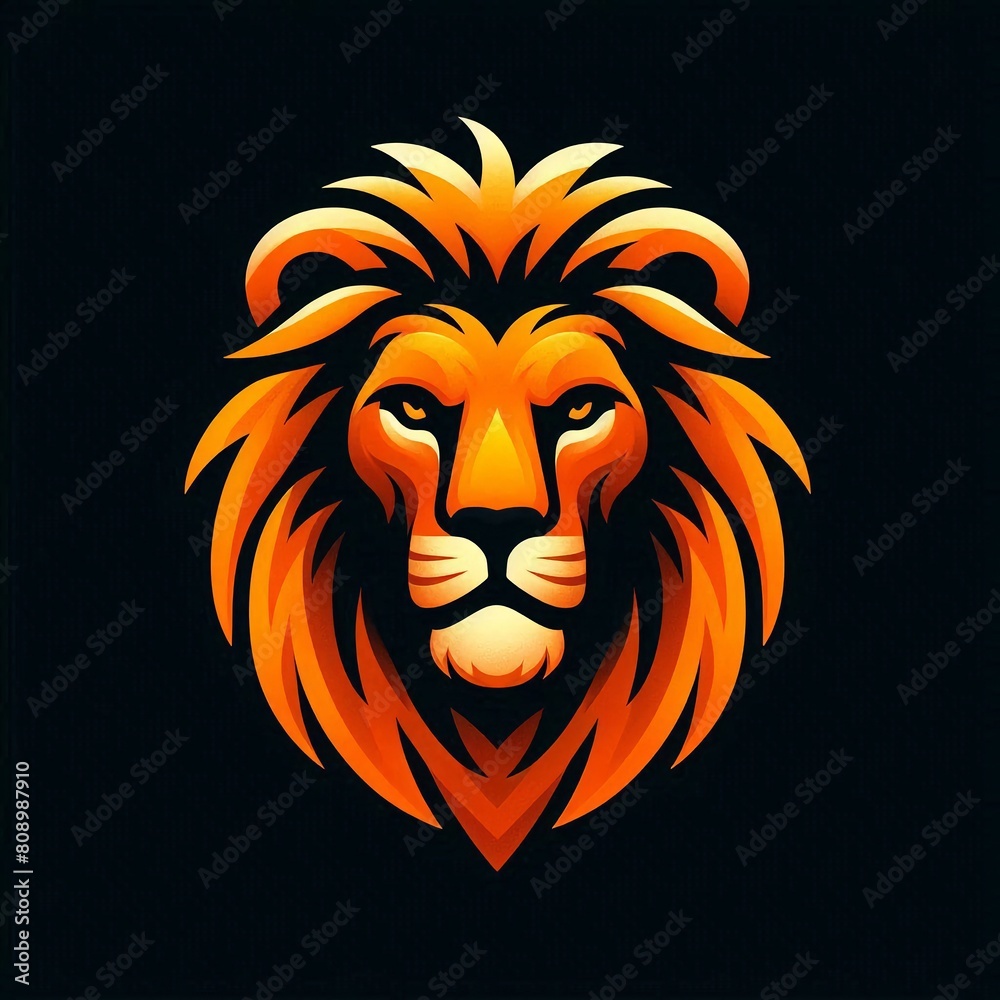 An image features a stylized illustration of a lion head. The art is in bold orange and yellow tones against a dark, black backdrop. The central focus lies on the lion's intense eyes that express...