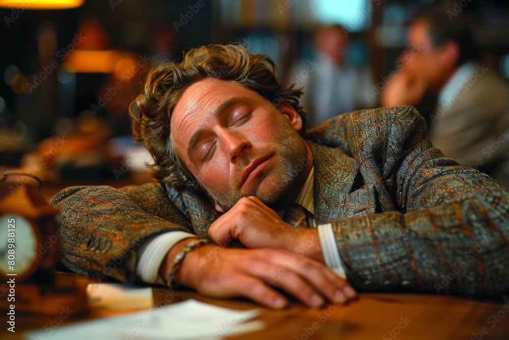 Exhausted businessman takes a break, dozing off at his office desk in a formal suit