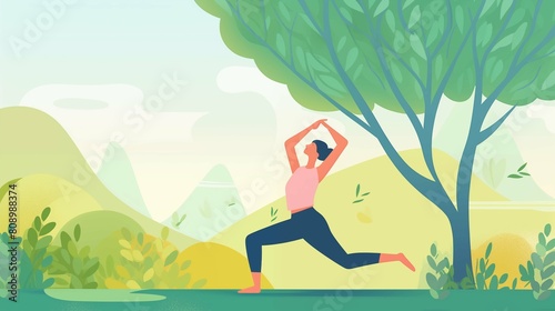 An energetic and motivational scene depicting a healthy lifestyle: a sporty middle-aged woman enjoys yoga in a sunny park.