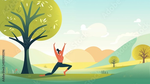 An energetic and motivational scene depicting a healthy lifestyle: a sporty middle-aged woman enjoys yoga in a sunny park. © GinaKoch