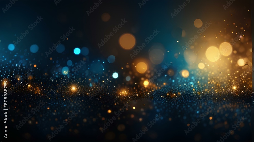 Abstract background of bokeh golden and blue lights far away and shiny particles with black background. Fancy and unique design Abstract background of bokeh golden and blue lights far away and shiny particles with black background. Fancy and unique design