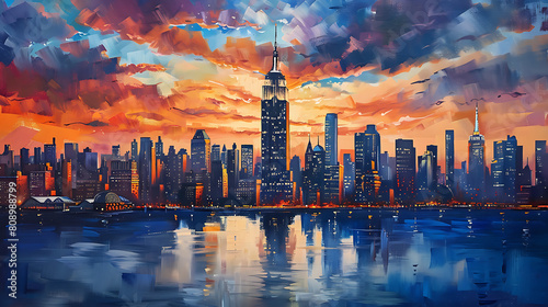 Oil painting on canvas, New York City. Manhattan downtown skyline with illuminated Empire State Building and skyscrapers at sunset