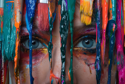 close up portrait of a woman with painted face, Surrounding the eyes are an array of colorful brushes, each one dripping with paint and ready to unleash its creative potential