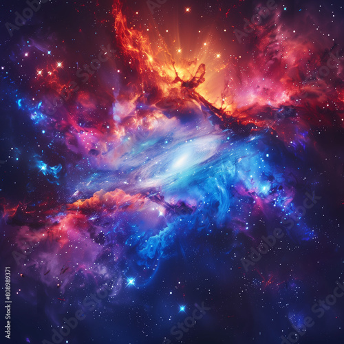 A colorful galaxy with a bright orange and blue swirl. The stars are scattered throughout the image, with some closer together and others further apart. Scene is one of wonder and awe